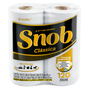 Papel Toalha Folha Dupla Multiuso Snob Clássica 19cm X 20cm Pacote 2 Unid.